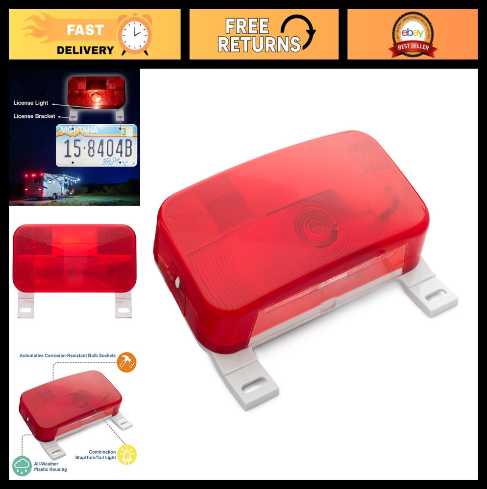 Red Surface Mount Light with License Bracket & Stop/Turn/Tail for RV, Trailer, C