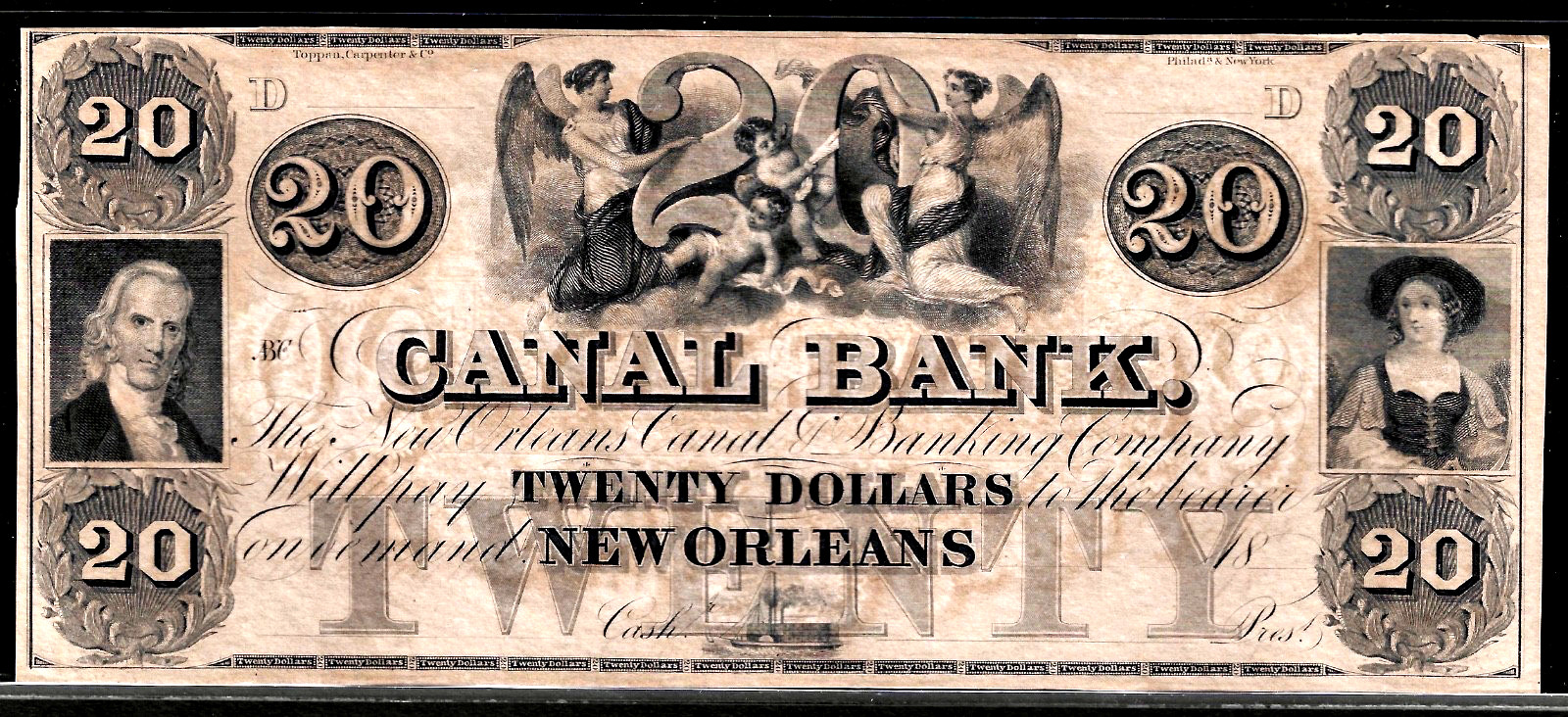 1800’s Canal Bank New Orleans Louisiana $20 Twenty Dollar Obsolete Banknote UNC