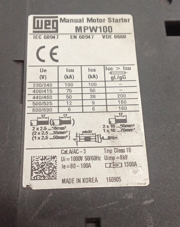 WEG MPW100-3-U100 Manual Motor Protector