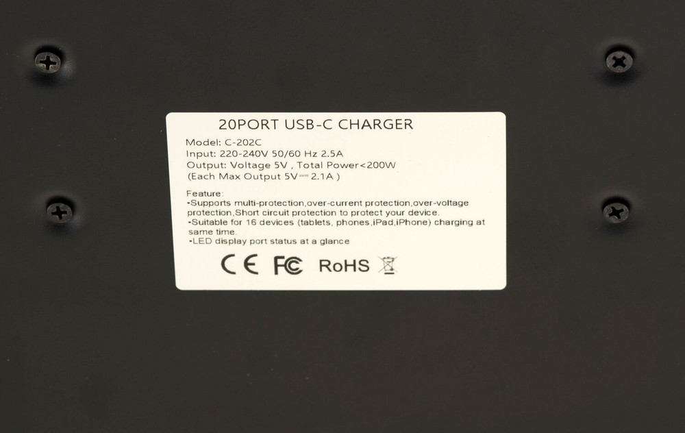Rackmount Charging Station 20X USB C, 200W, 2.1A Per Port