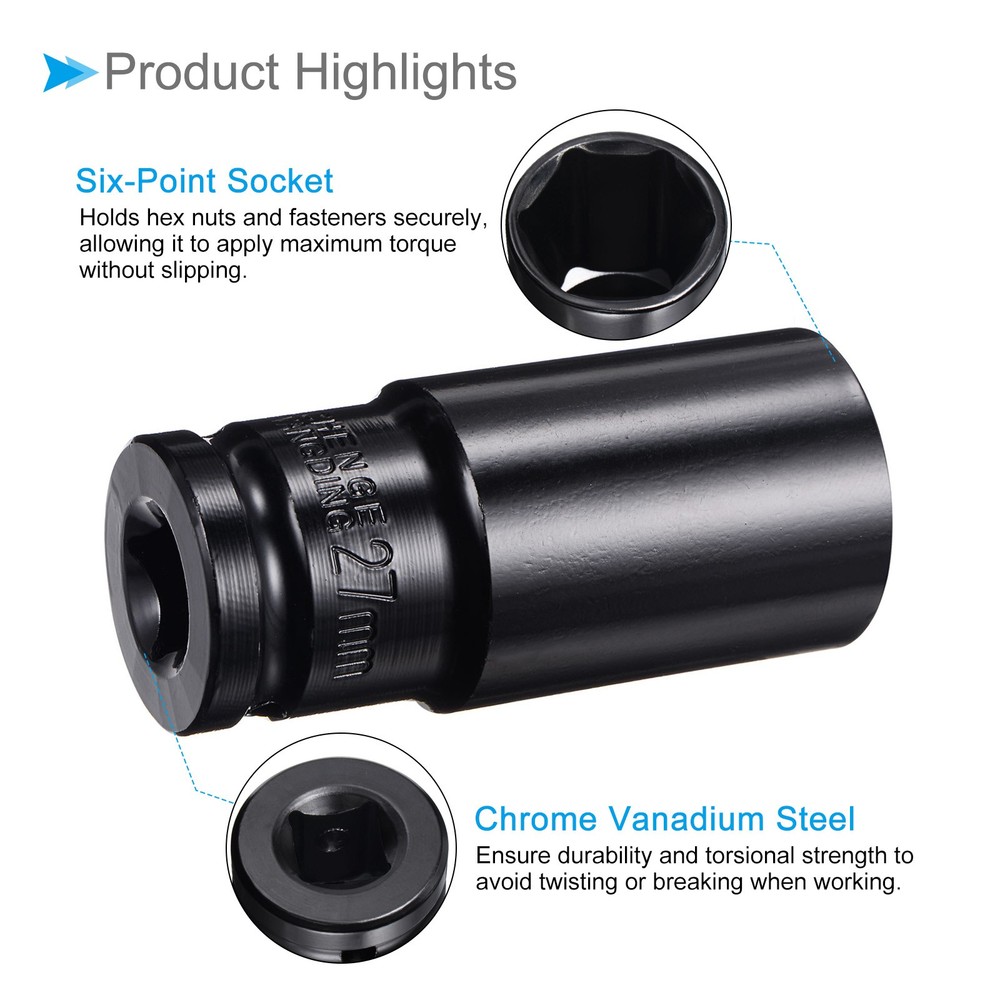 Deep Socket Set 27mm 1/2" Drive 6-Point Socket CR-V with 1/4" Hex Shaft