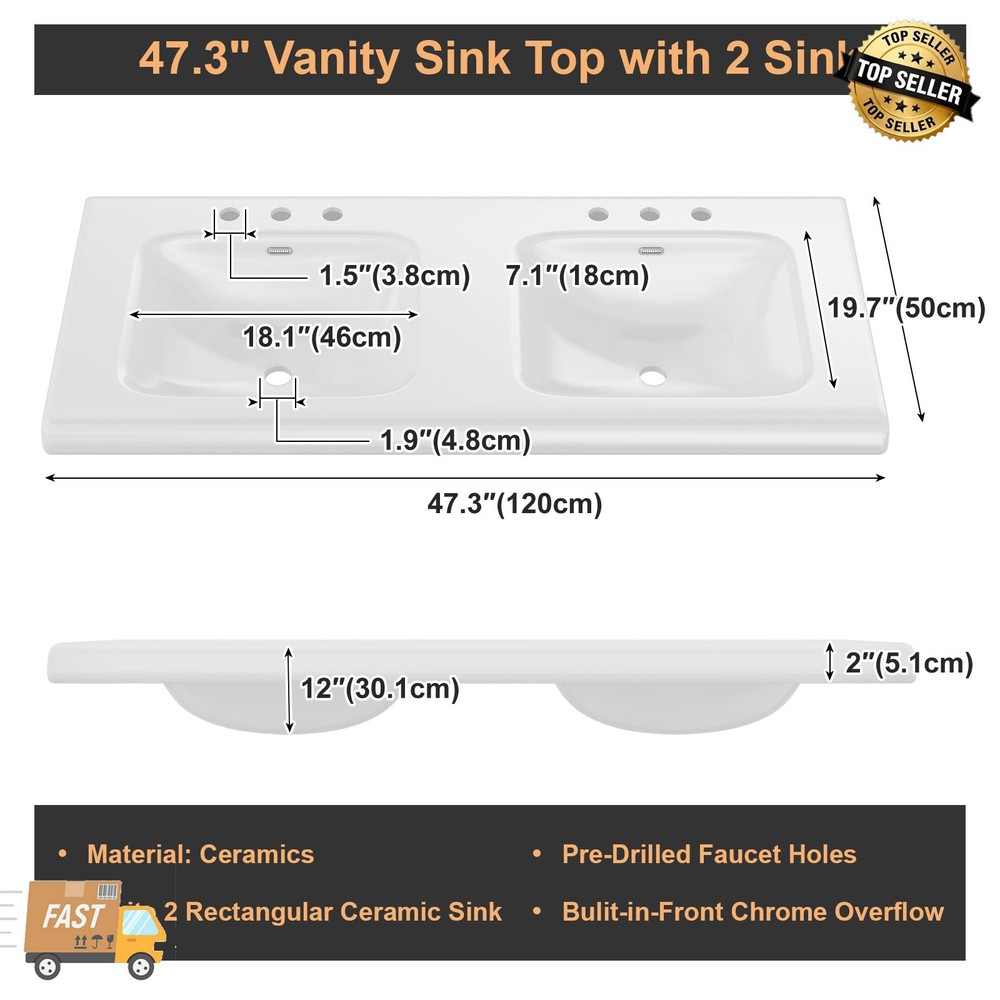 47" White Ceramic Vanity Top, Single Hole Rectangular Sink Basin w/ Faucet Hole