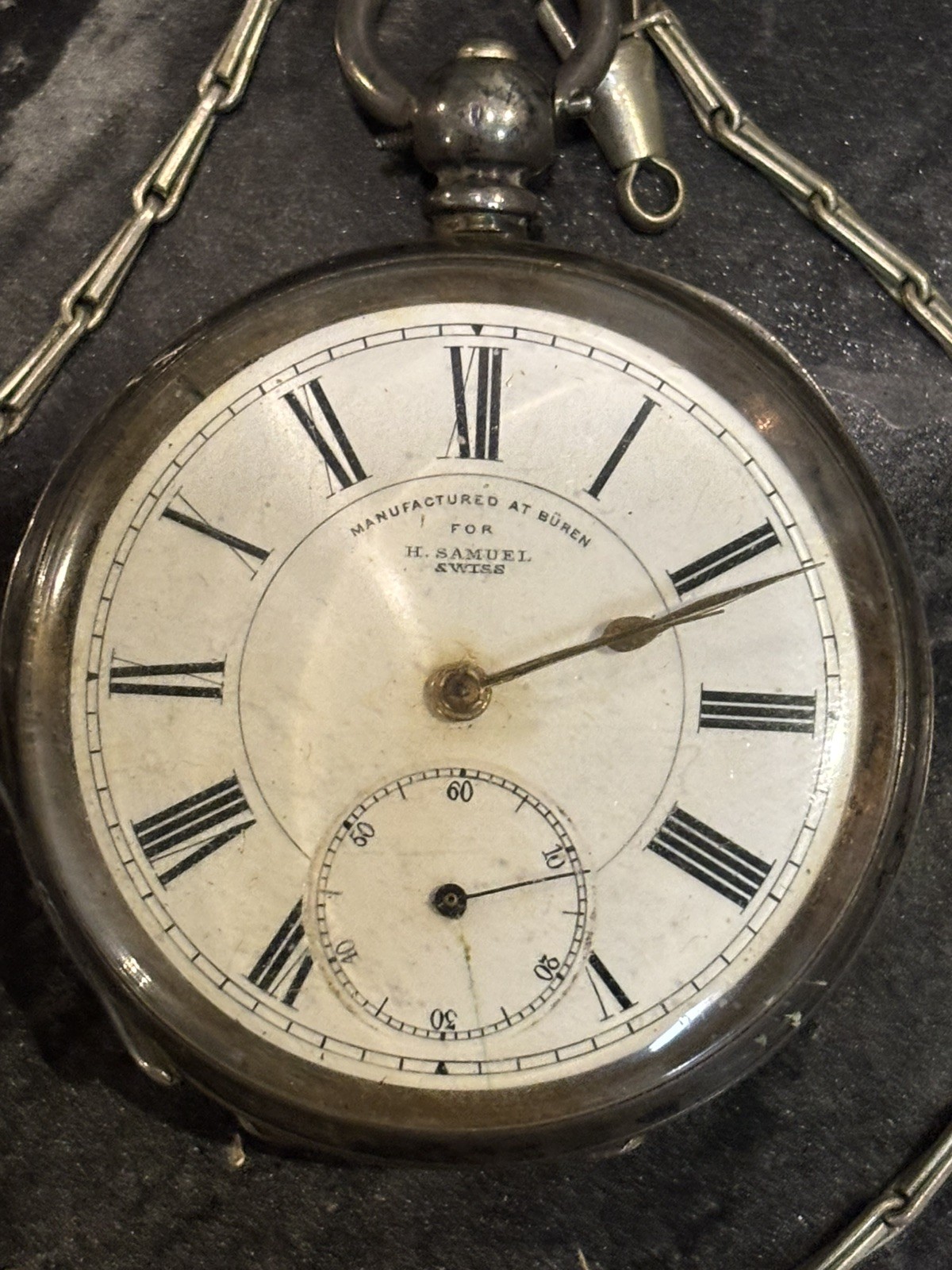 VINTAGE BUREN 935 STERLING POCKETWATCH WORKING 50mm KEY WIND NEEDS SERVICED