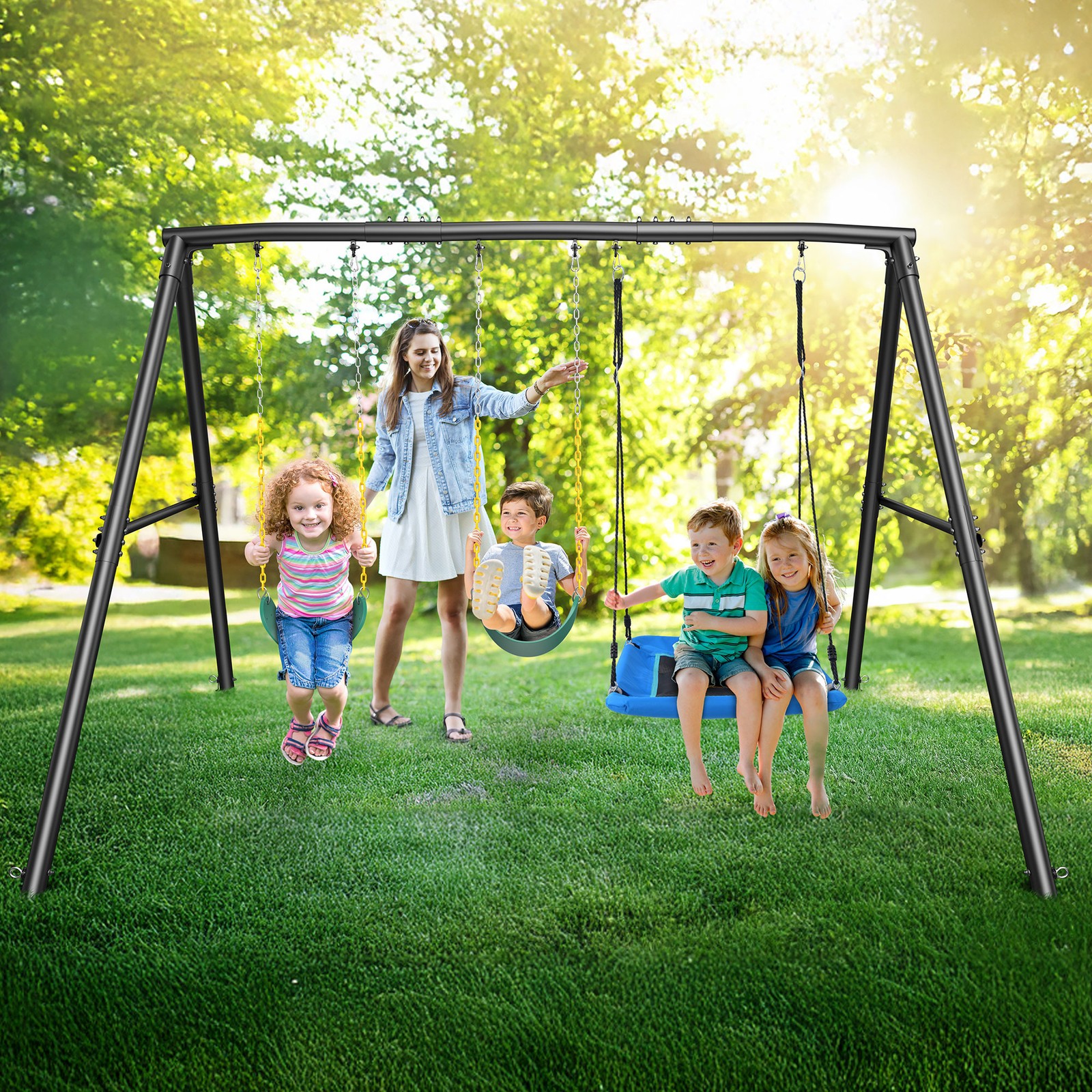 600lb Outdoor Swing Set for Backyard with 3 Swings Heavy Duty Metal Swing Stand