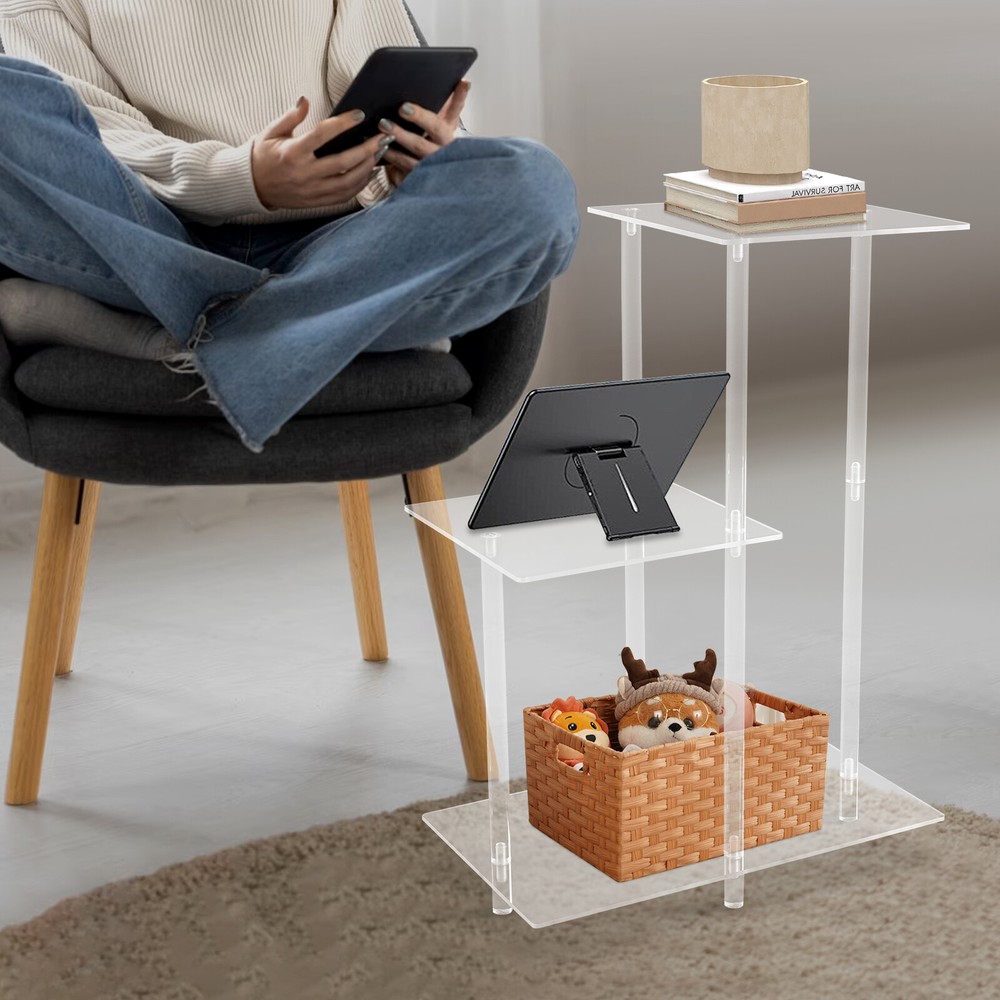 3-Tier Side Table Bedside Table with Open Storage Shelf Clear Side Square Table