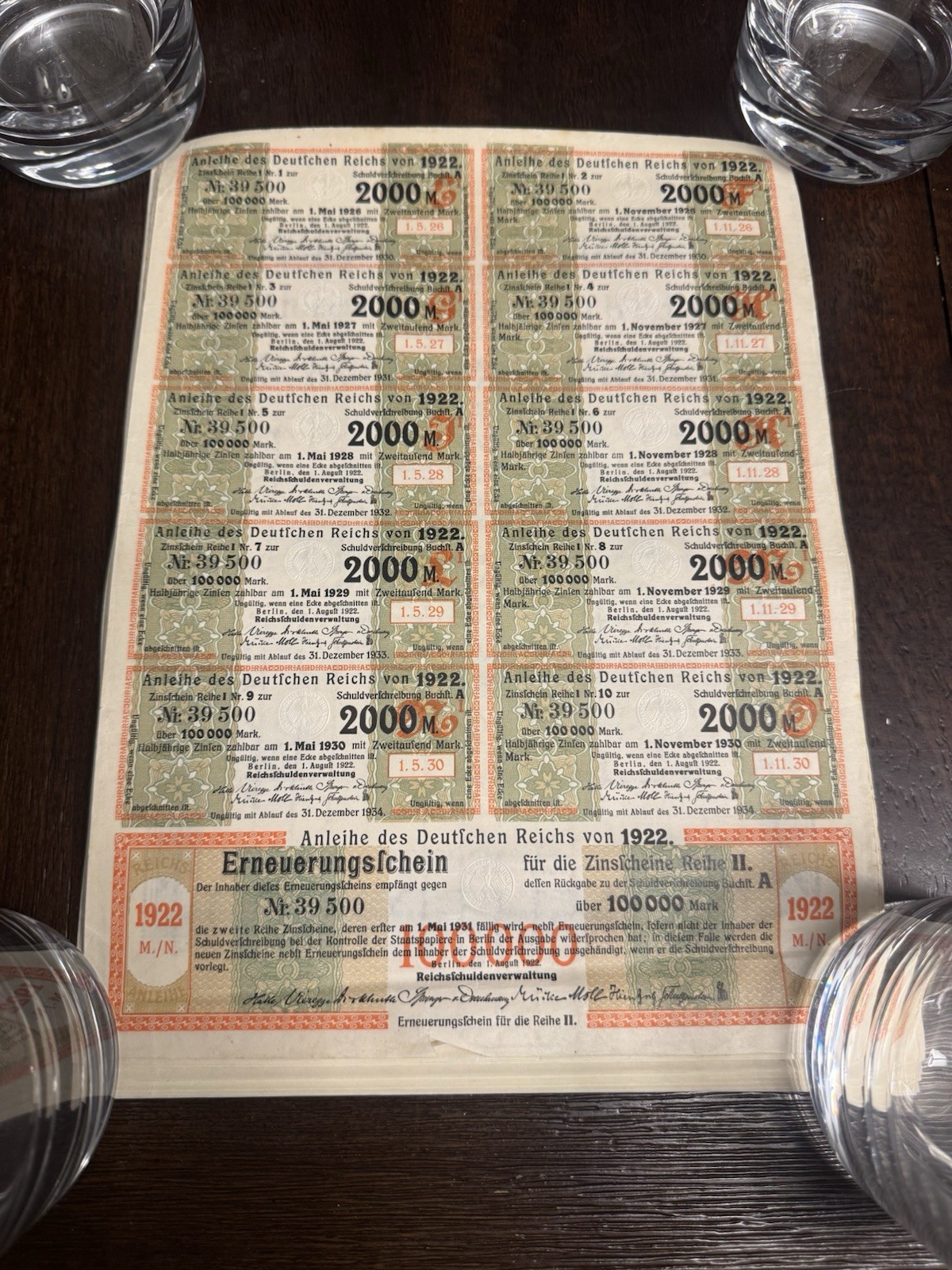 1922 German Bonds Coupons 19 Consecutive 100,000 Mark Uncancelled 100000 Bond