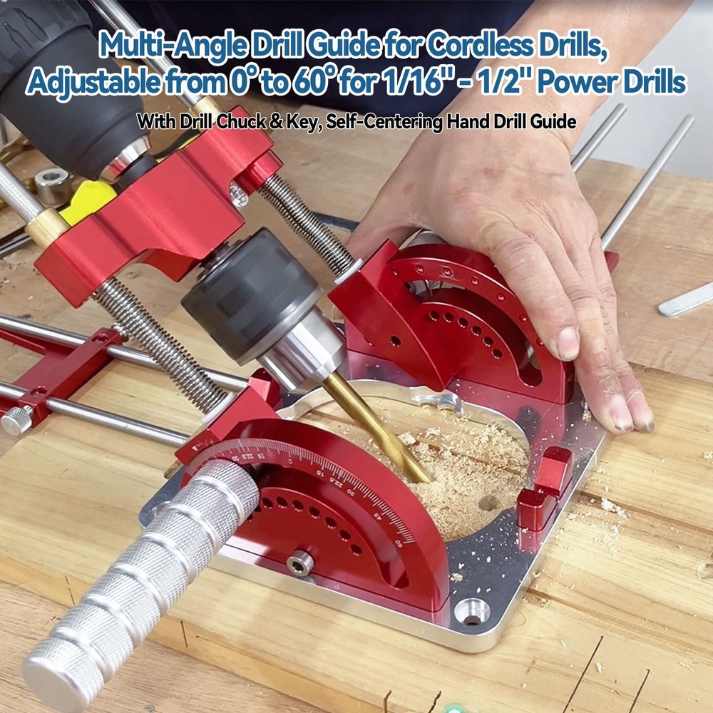 Portable Multi-Angle Drill Guide for Power Drills, 0° to 60° Self-Centering