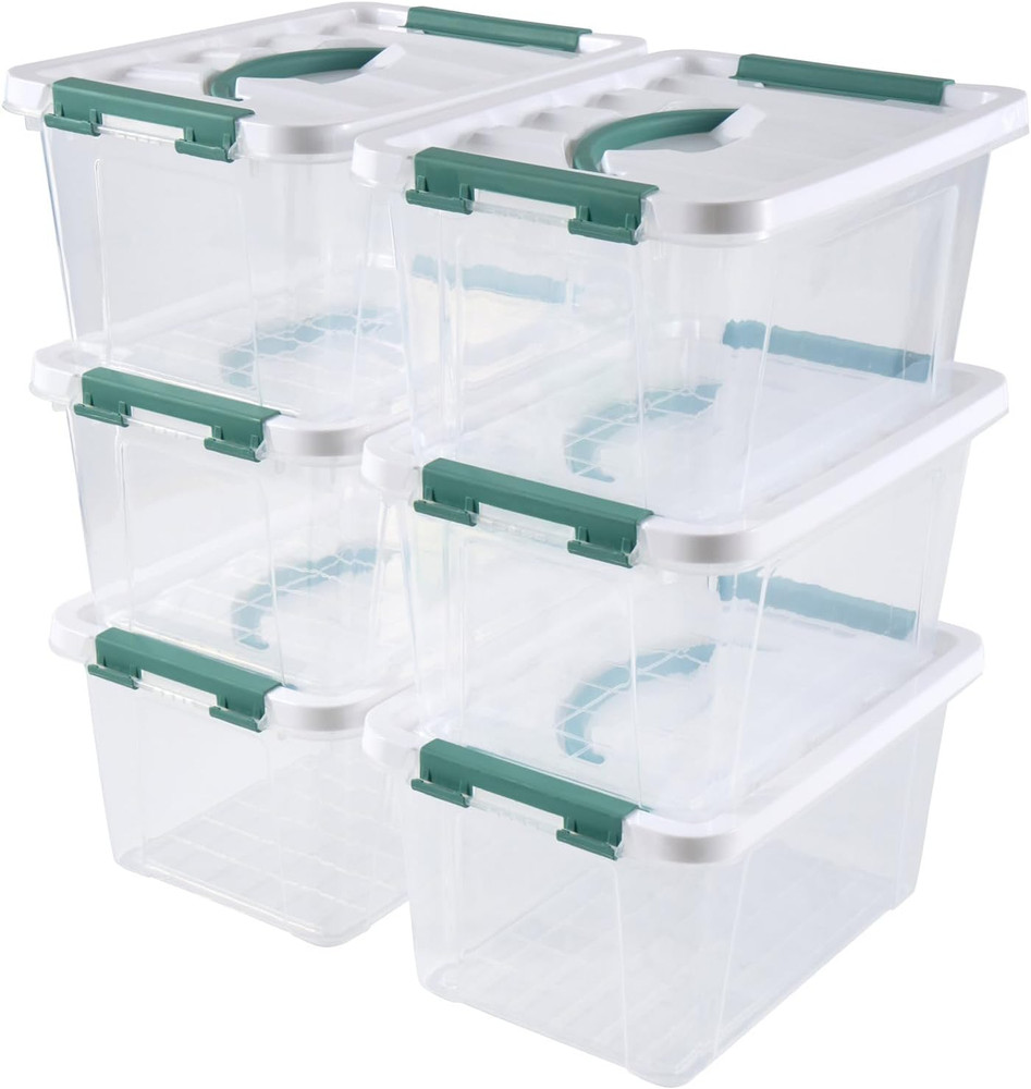 6 Quart Plastic Stackable Storage Latch Bins,Clear Latching Box with Handle and