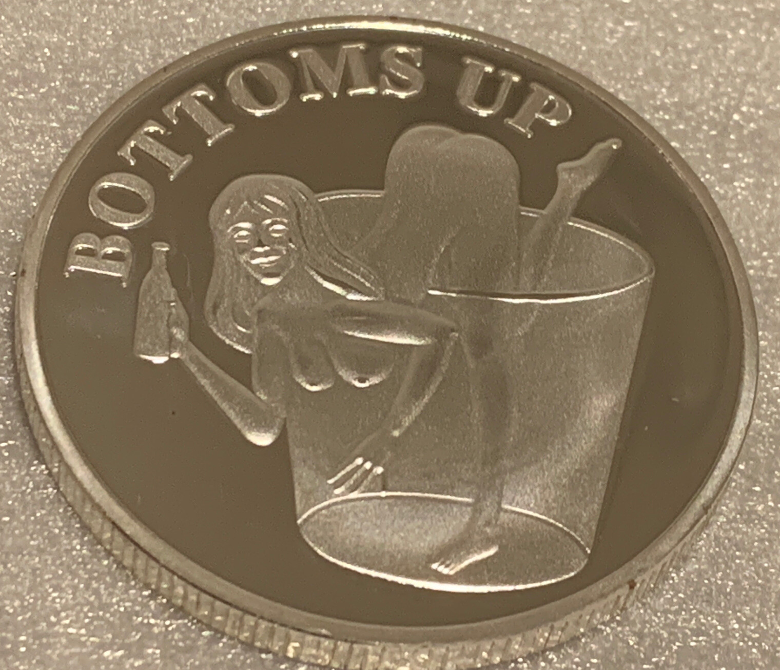 * Rub For Good Luck- Bottoms Up” Adult Novelty Coin. Brand New Silver Finish.