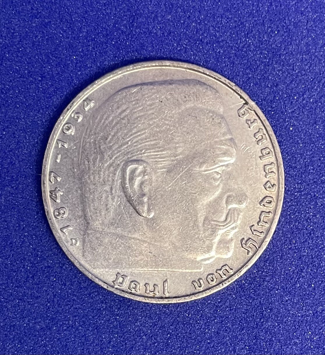 1937 D German 2 Reichsmark Coin, WW2, Von Hindenburg, Swastika, Silver