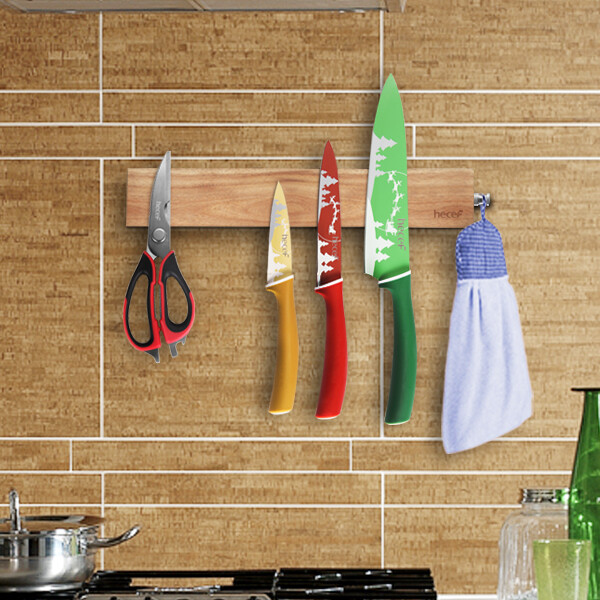 7 Pcs Black Oxide Knife Set w/ Acacia Wood Strong Magnetic Protect Knife Strip