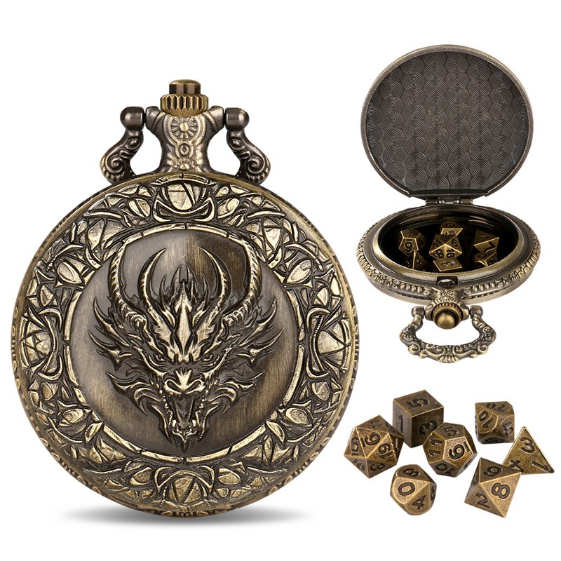 7pcs Solid Metal Polyhedral DND Dice D4-D20 in Dragon Engraved Pocket Watch Case