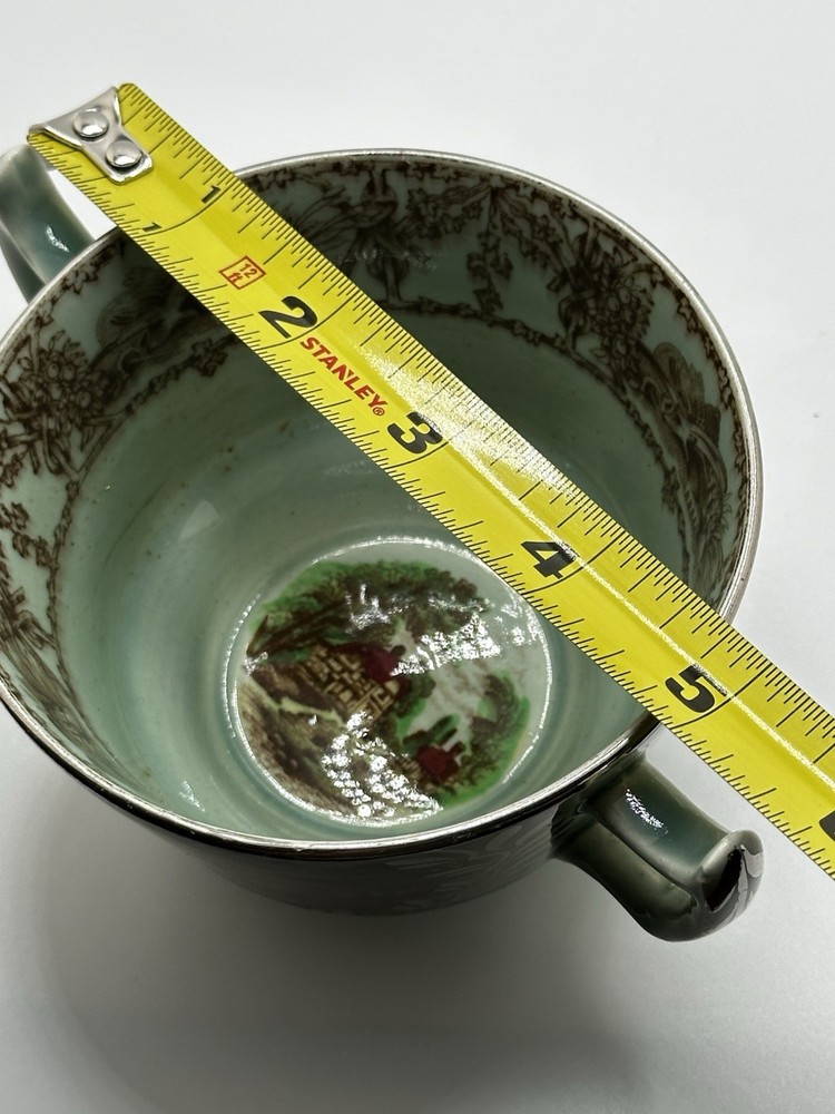 Rare Silver Overlay Pastoral Scene Poly Brown Transferware Cup