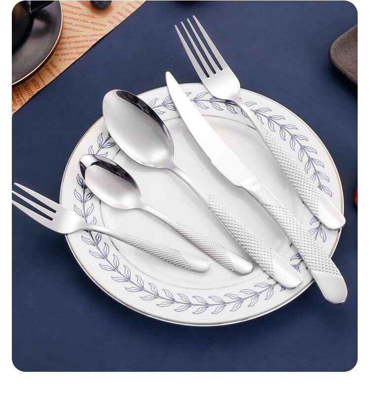 Silver Hammered Silverware Set for 6 Rustproof Stainless Steel Flatware Cutle...