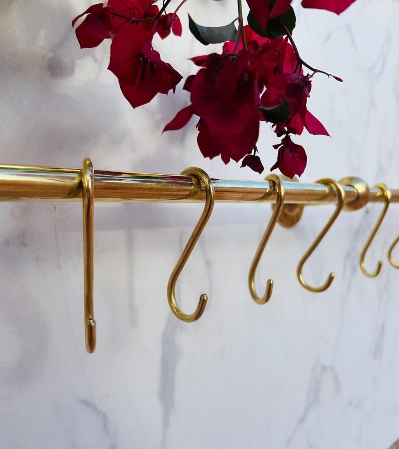 Solid Brass Hanging Pot Rack – Antique Brass Kitchen Rail with Hooks, Wall-Mount