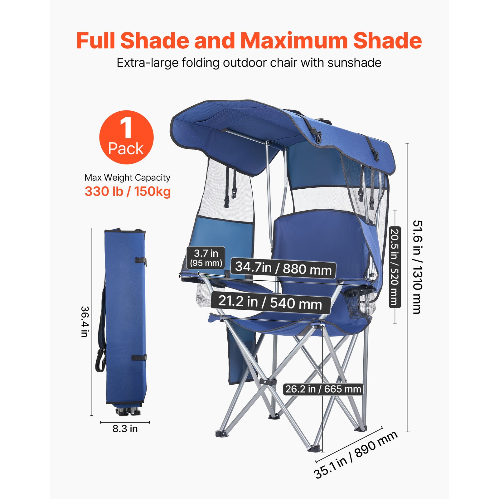 Uimoso Folding Camping Chair with Canopy, 330lbs Capacity, 2 Cup for Outdoors