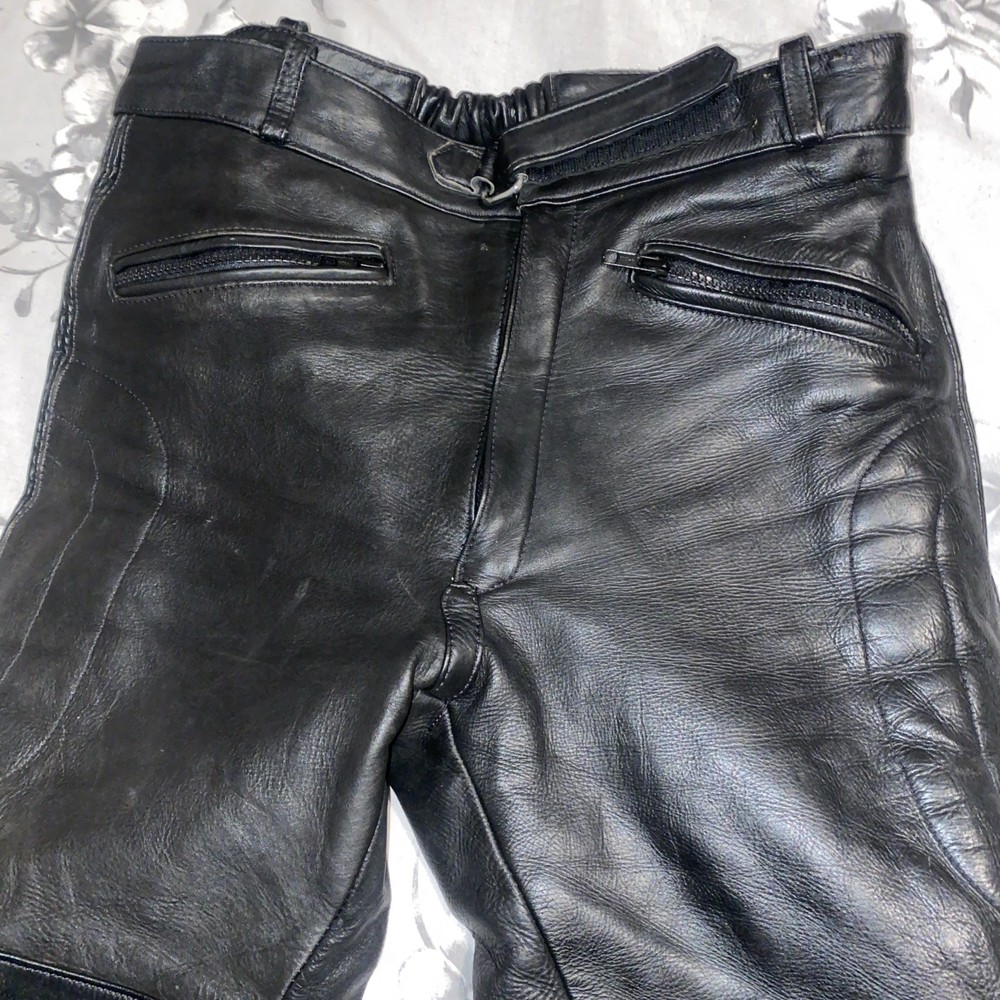 J & S BLACK LEATHER BIKER TROUSERS SIZE 32
