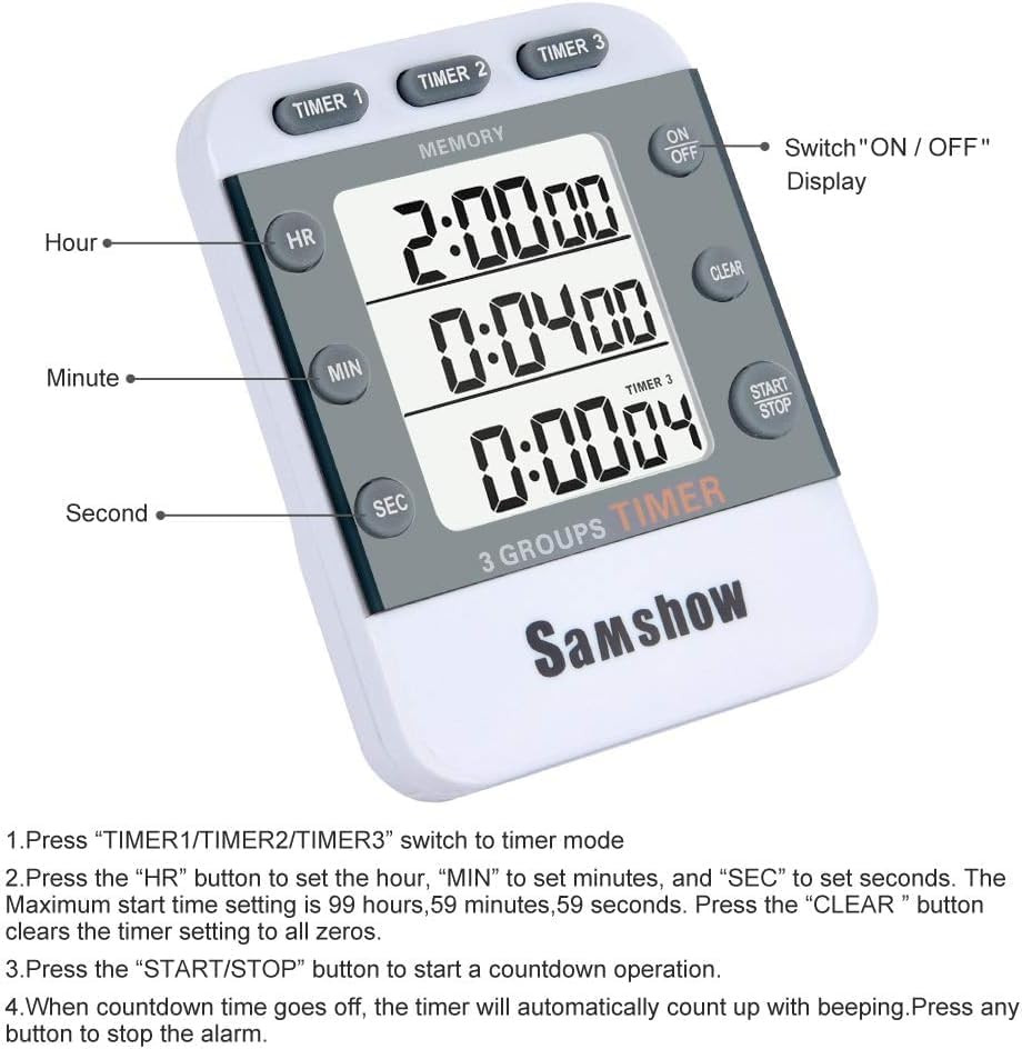 Digital Kitchen Timer Dual Timers 3 Channels Count Up/Down Cooking Timer Large D