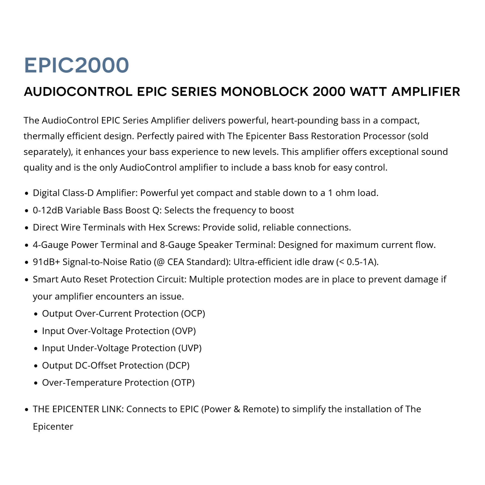 AudioControl EPIC2000 Monoblock Subwoofer Amplifier EPIC Series Class-D 2000W
