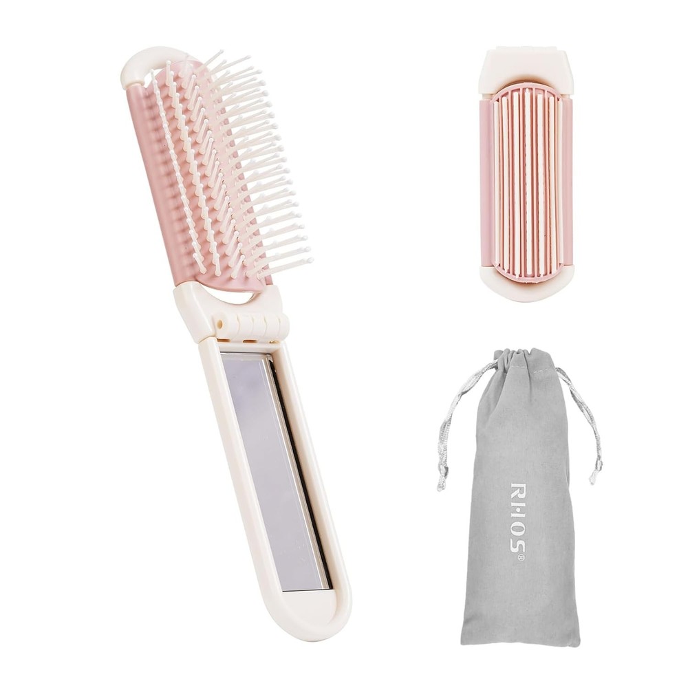 Elegant Beige Folding Brush with Mirror - Dual Function for Quick Touch-Ups