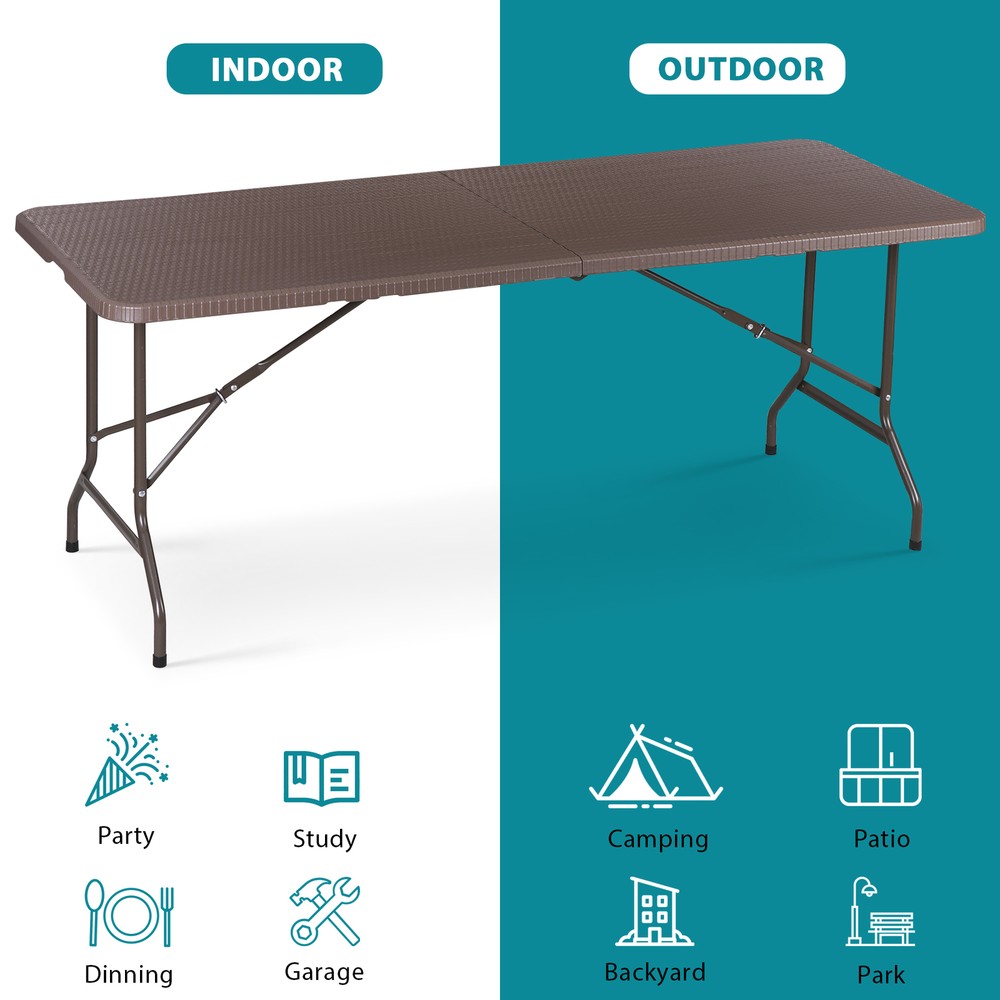6ft Folding Table Portable Foldable Card Table Fold-in-Half Utility Table Brown