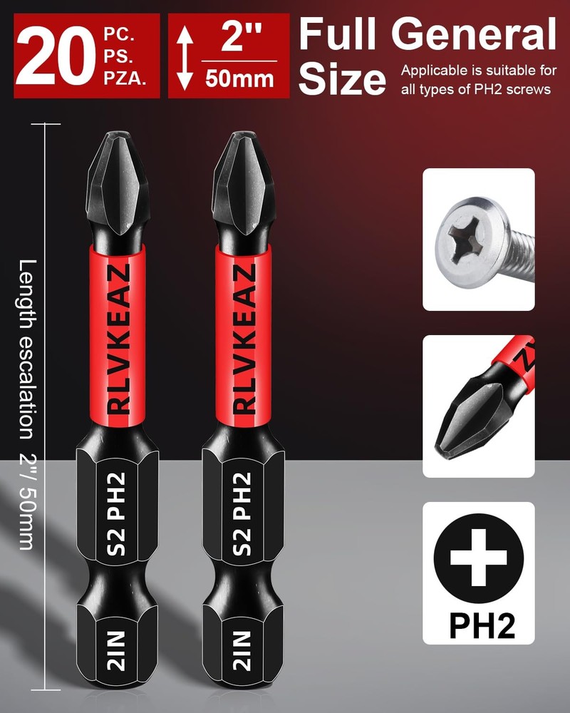20-PCS Phillips Bits #2 Impact, Magnetic 2'' 20pcs phillips bits #2, Black