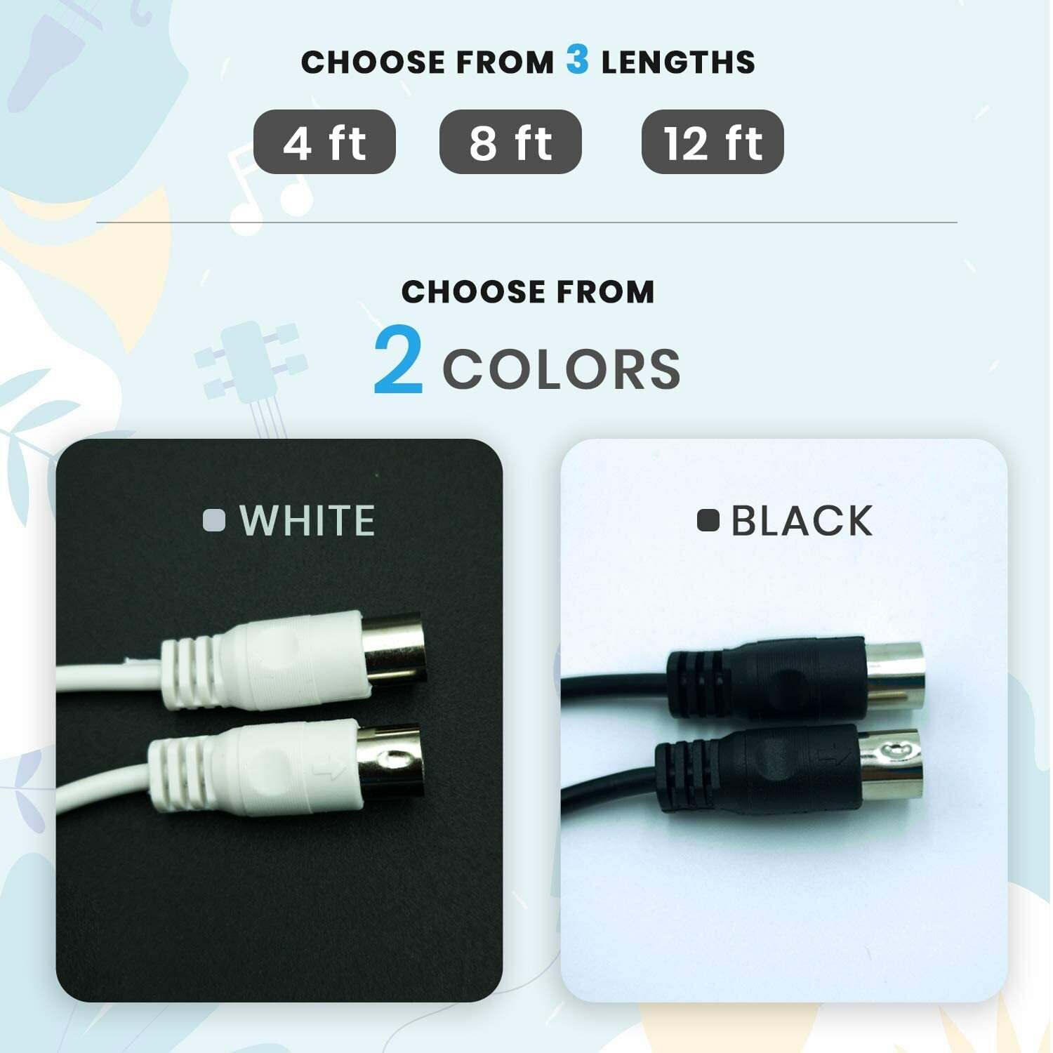 VARA 4, 8, 12ft 5-Pin DIN to 5-Pin DIN MIDI Cable - Black & White