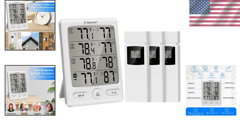 Multi-Function Wireless Hygrometer & Thermometer with 3 Sensors – Indoor/Outdoor