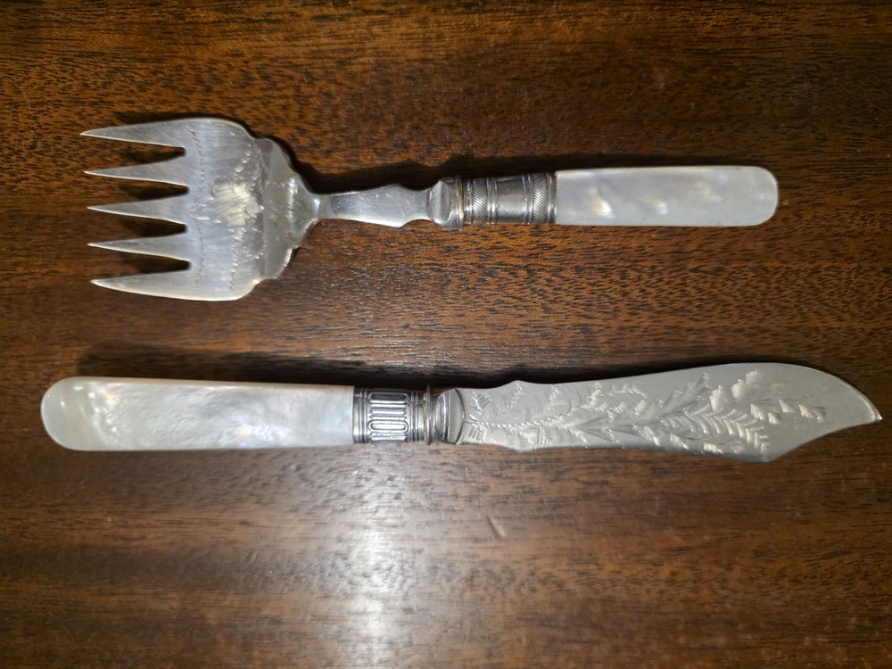 Etched Fish Knife & Fork Serving Set Mother Of Pearl Handles Antique