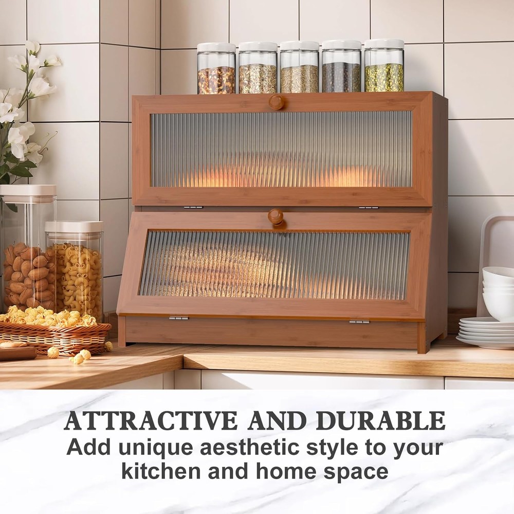 Double Layer Bamboo Bread Box for Kitchen Counter-Large Capacity Brown