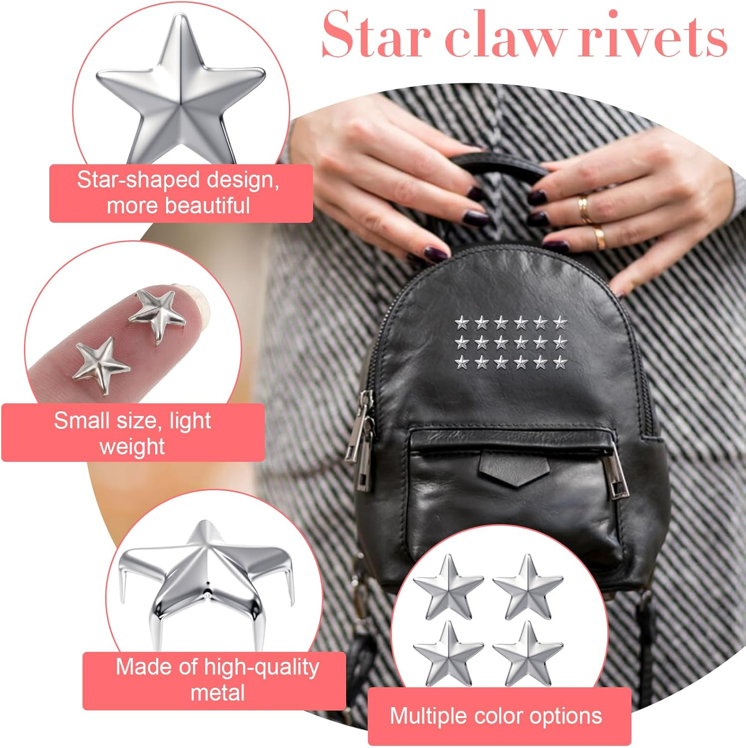 150 PCS Silver Star Studs for Clothing and Bag Decoration