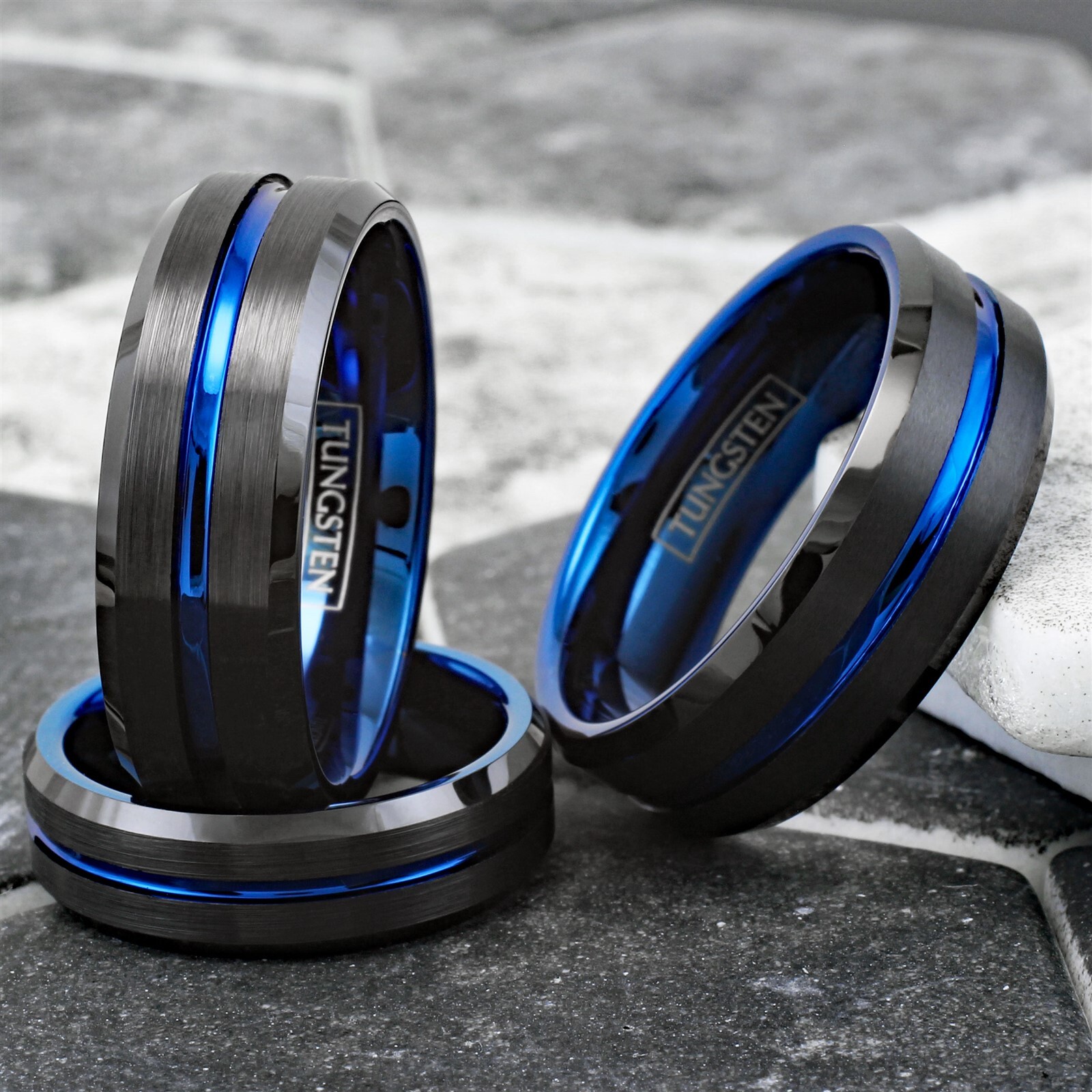 6/8mm Tungsten Carbide Men's Ring Thin Blue Line Black Brushed Wedding Band