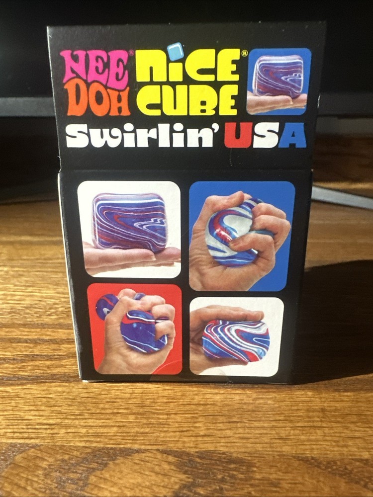 NeeDoh Nice Cube Swirlin USA Super Solid Squish Sensory Red White Blue