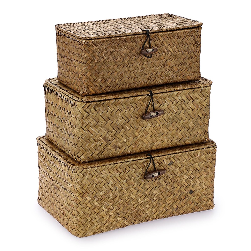 3 Set Caramel Rectangular Wicker Baskets, Lid, Seagrass, Decorative Bins