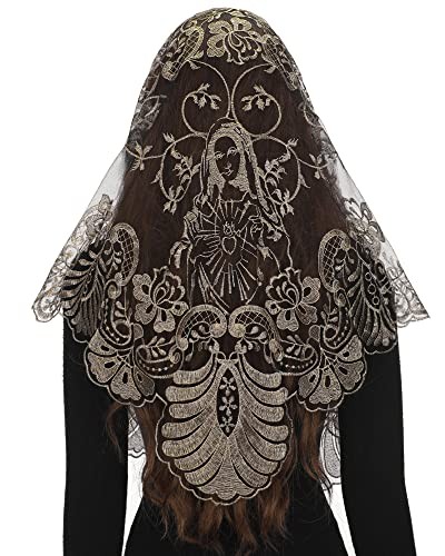 Spanish Catholic Lace Veil - Virgin Mary Embroidery Church Black Gold-3