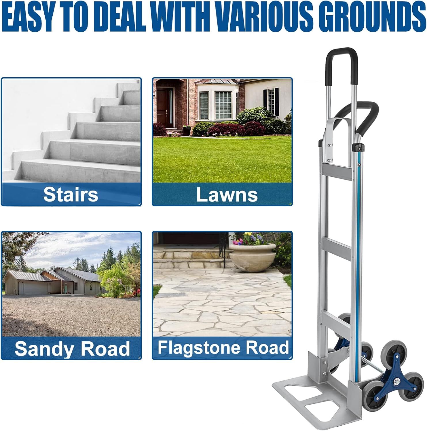 Stair Climbing Cart 650 lbs Capacity Aluminum Hand Truck Dolly with Dual Handles