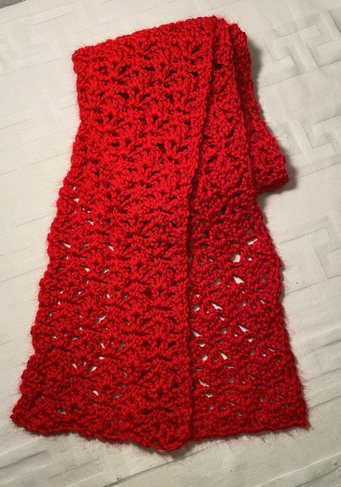 Hand Crocheted Red Scarf Or Table Runner 6 X 72