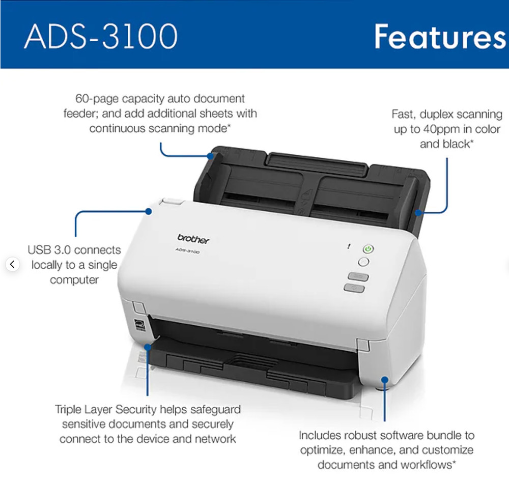 Brother ADS-3100 Duplex Document Scanner 600 DPI