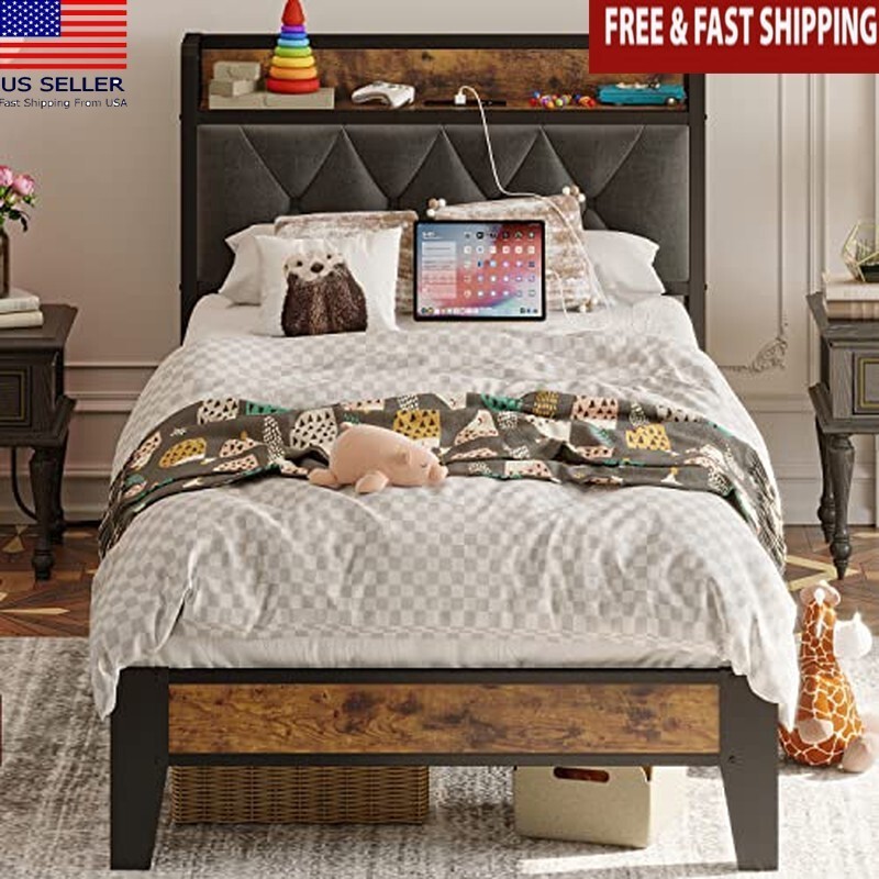 Bed Frame Twin W/ Storage Headboard & USB Outlets Stable Support Easy Assembly