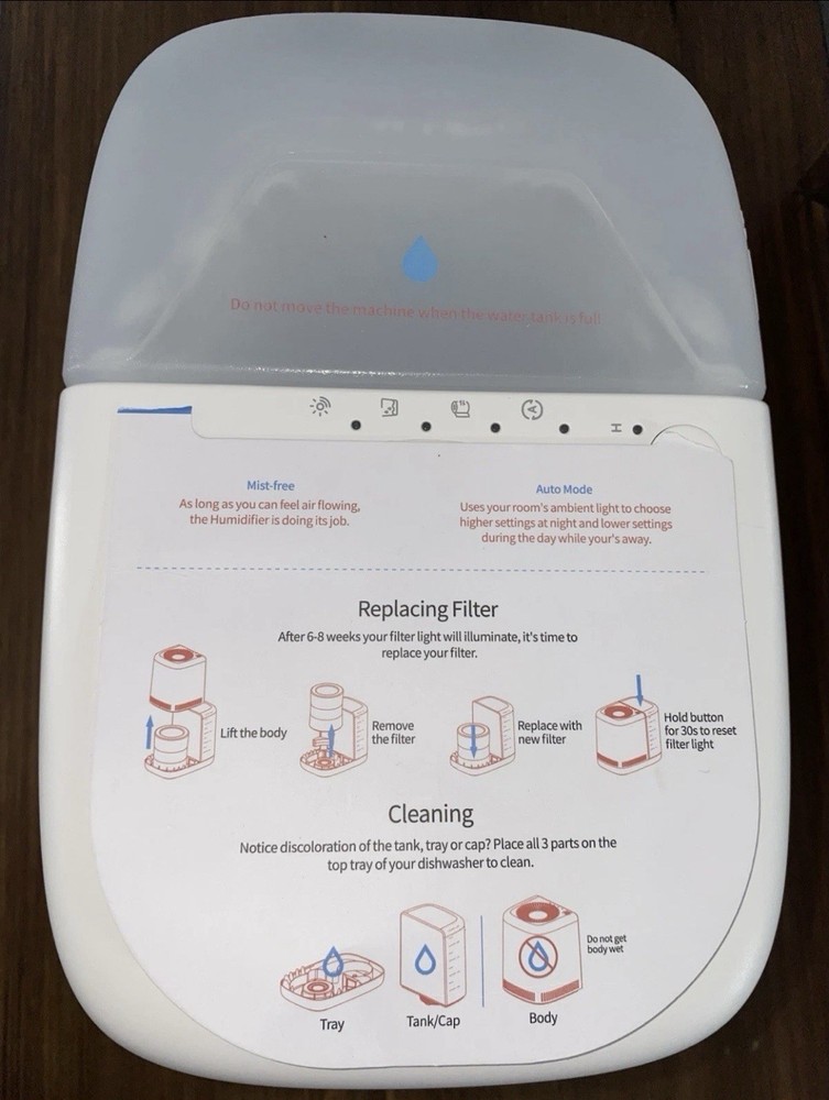 Bedside Evaporative Humidifier w/ Remote 2.5L Night Light, Adjustable, Timer