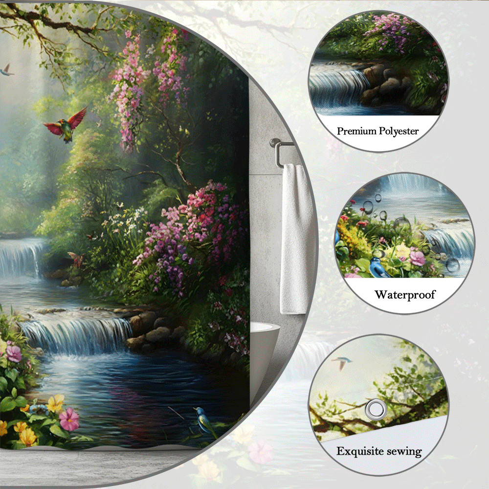 Waterfall Forest Shower Curtain Colorful Birds and Flowers Nature Bathroom Decor