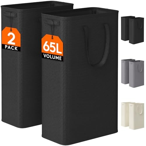 2 Pack Slim Laundry Hamper, Collapsible Narrow Laundry Basket, Small 65L Black