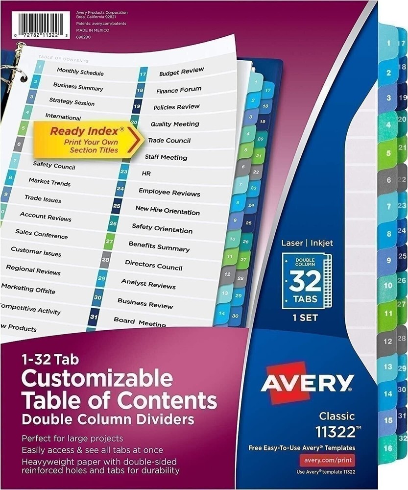 Avery Double Column 32 Tab Dividers, Customizable TOC, 1 Set (11322)