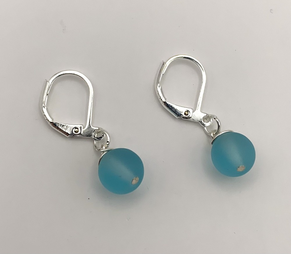 Turquoise Seaglass Drop Earrings, Sterling Silver. Handmade.