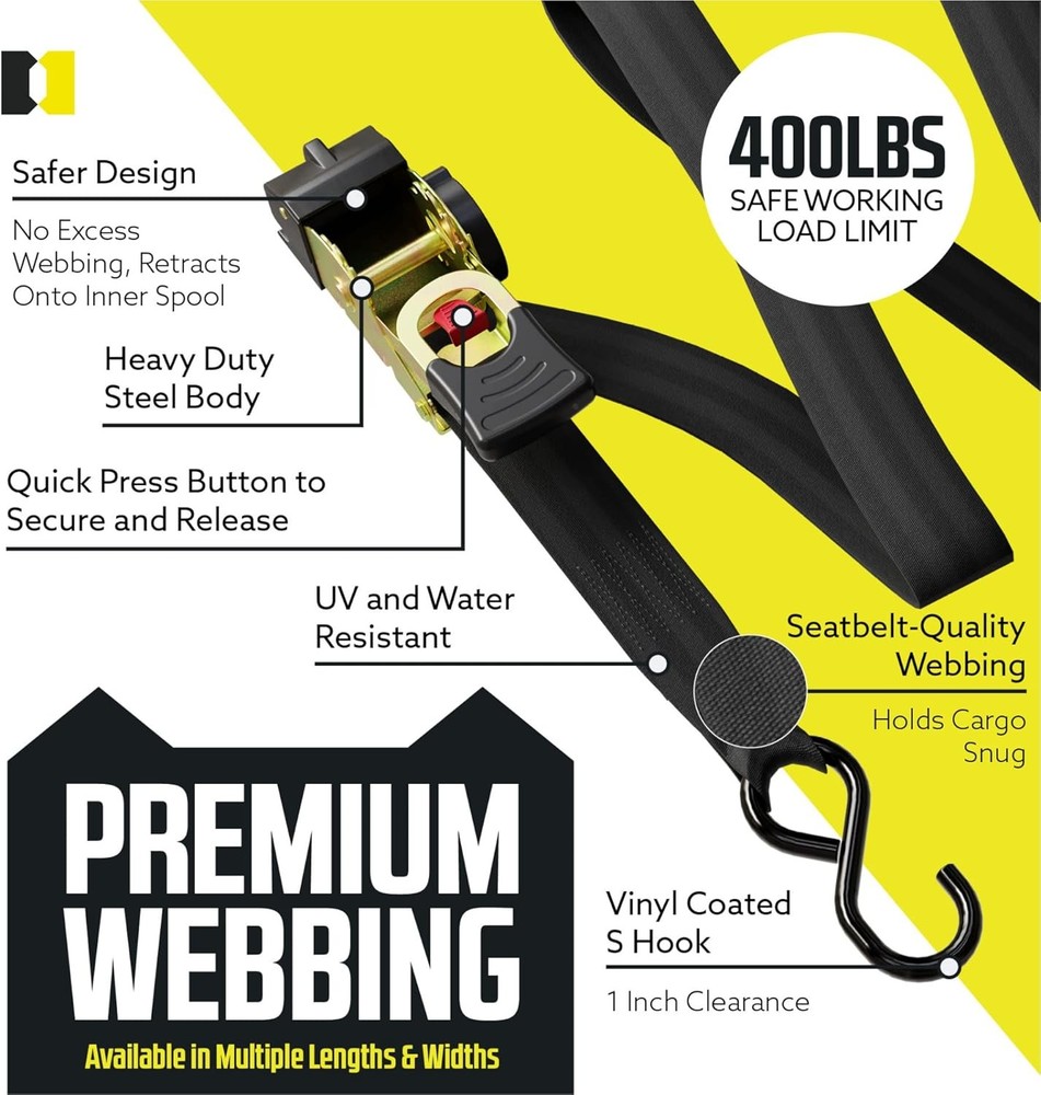 Automatic Retractable Ratchet Strap (2-Pack) 1" x 10', Heavy-Duty Design