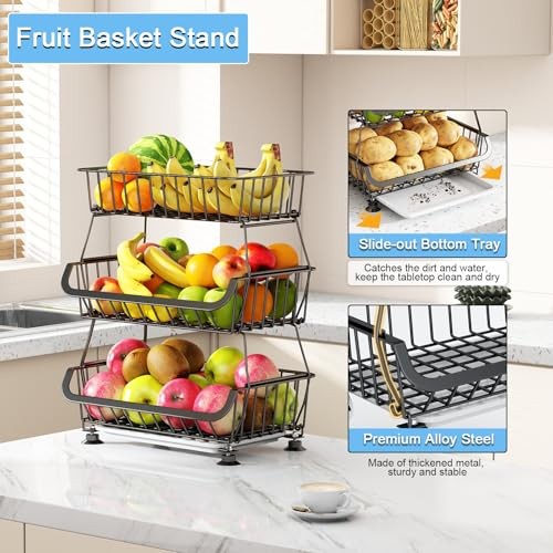 3-Tier Rolling Pantry Floor Organizer, Stackable Pantry 3 Tier Black (1 Pack）