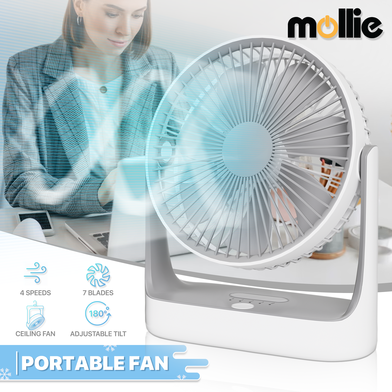 Portable Personal Desk Fan 4 Speed 180° Tilt USB Rechargeable Fan w/Hanging Hook