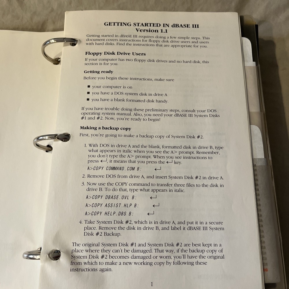 Vintage Computer Software Manual Book Database Three For 16 Bit Pc 1984 + Discs