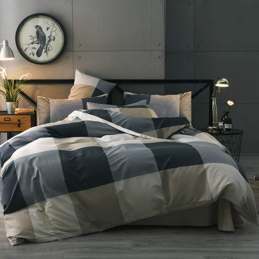 Queen Comforter Set Fluffy Plaid Checkered Pattern Comforter Set Modern Style Ge