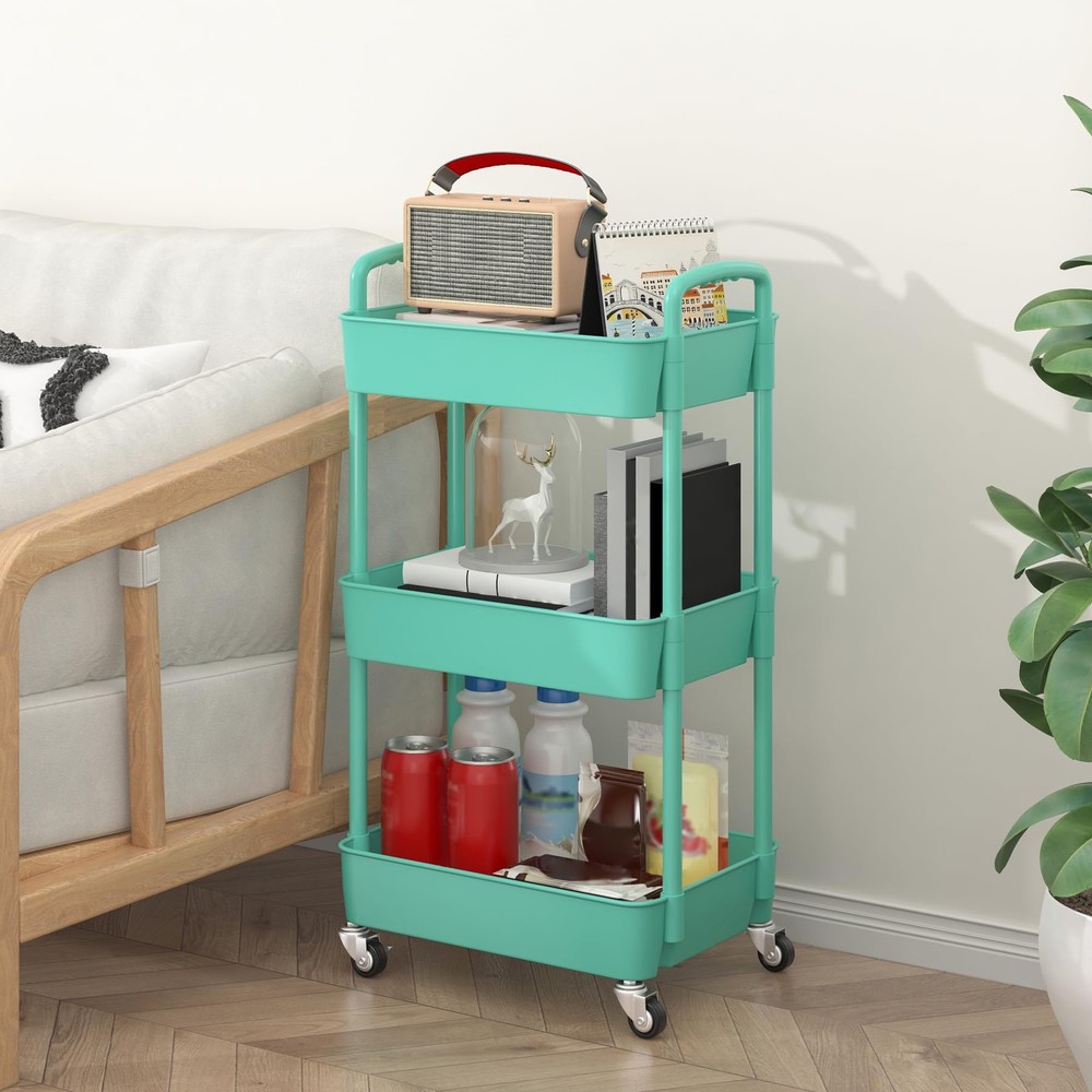 3-Tier Plastic Rolling Utility Cart with Handle, Multi-Functional Storage